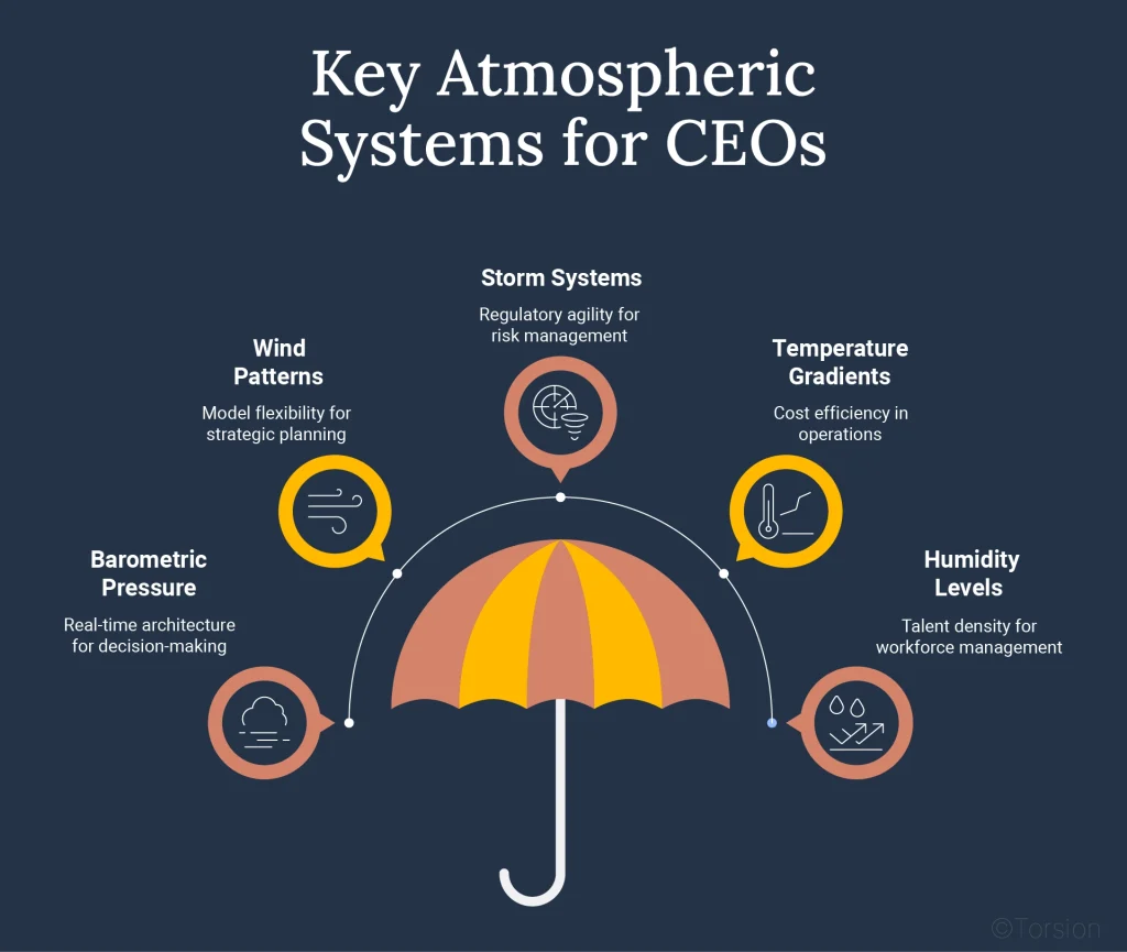 Visual representation of essential atmospheric systems that influence CEO strategies and organizational success by showing the climate of their business. 