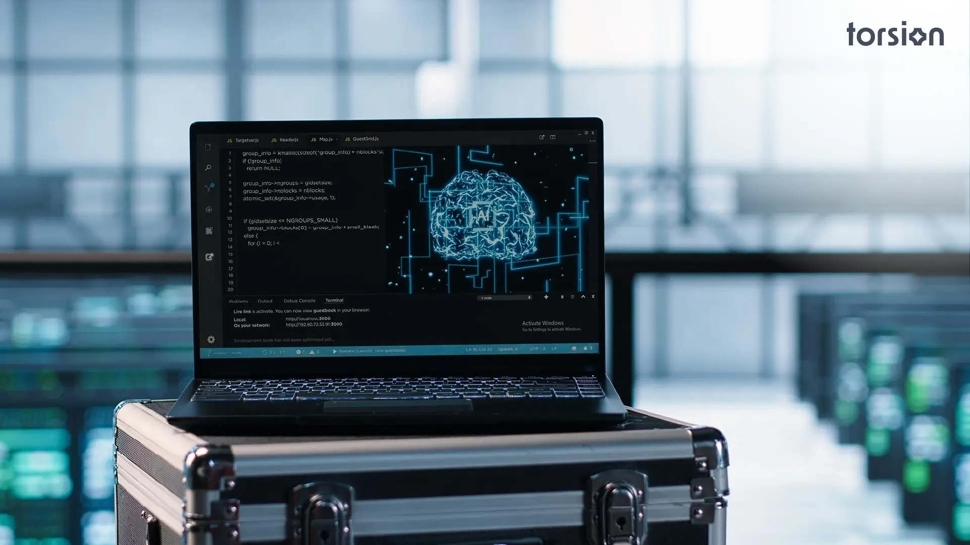 AI POC technology laptop display showing a proof-of-concept dashboard with data pipeline status, model training metrics, and real-time inference results.