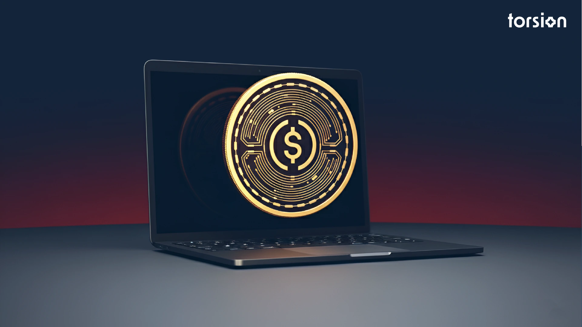 Laptop displaying golden stablecoin with circuit patterns and dollar symbol representing digital payment infrastructure.