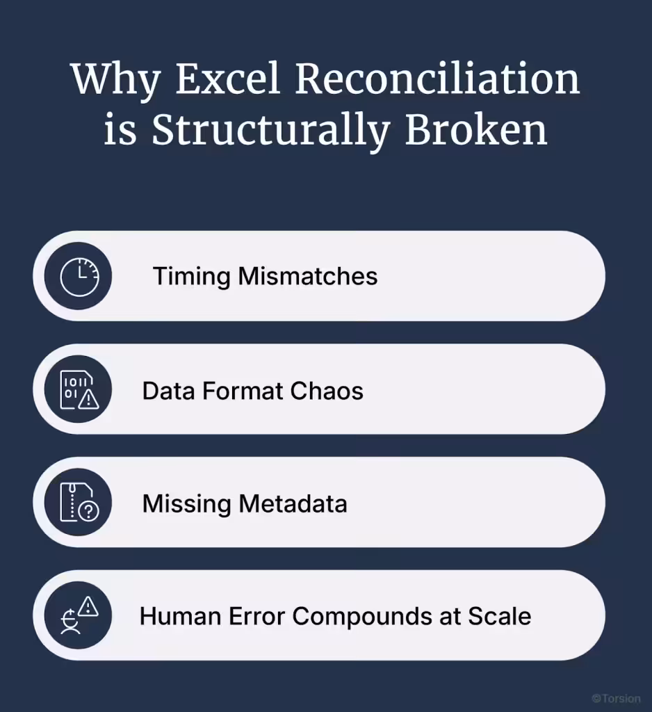 An image showing the reasons why Excel reconciliation is structurally broken.