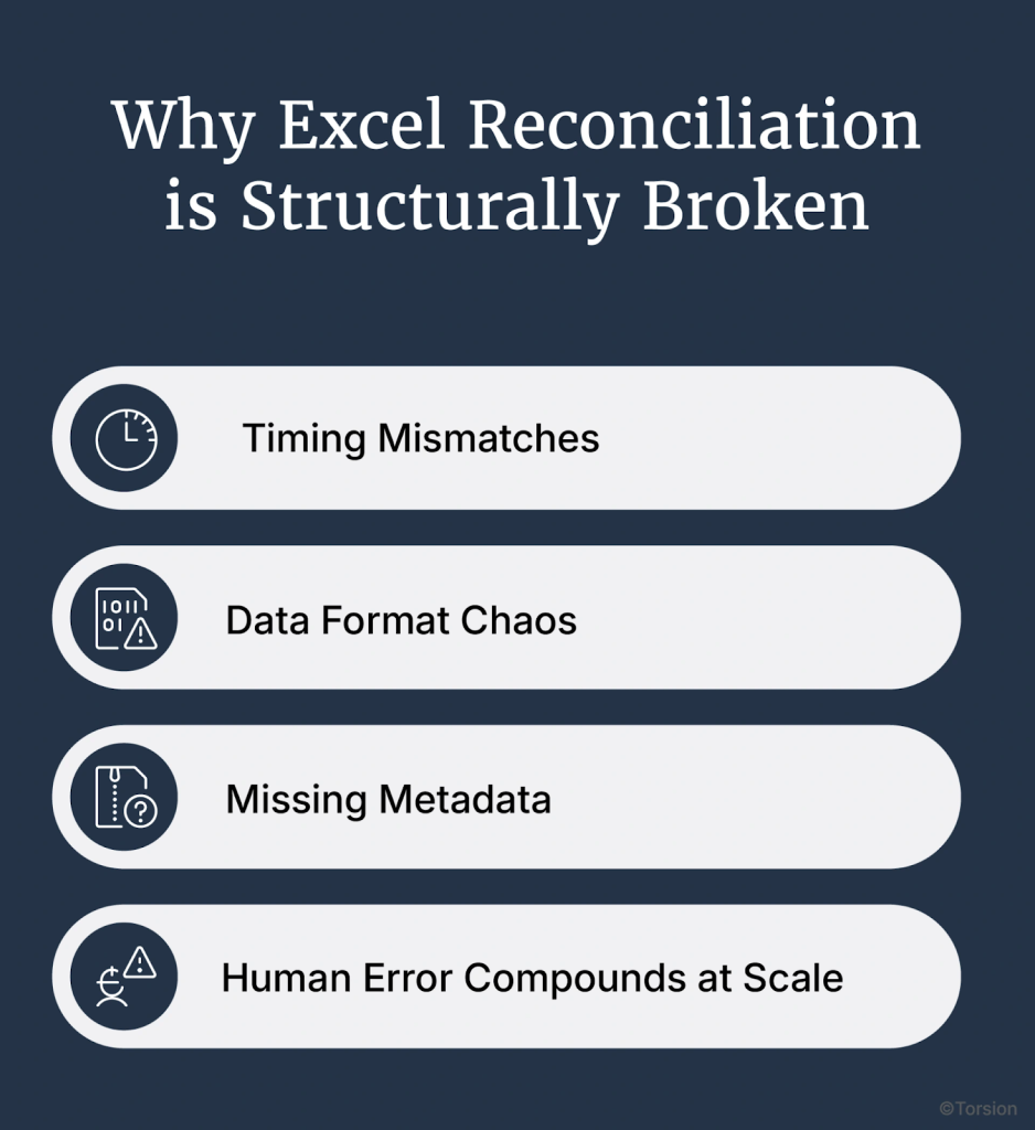 An image showing the reasons why Excel reconciliation is structurally broken.