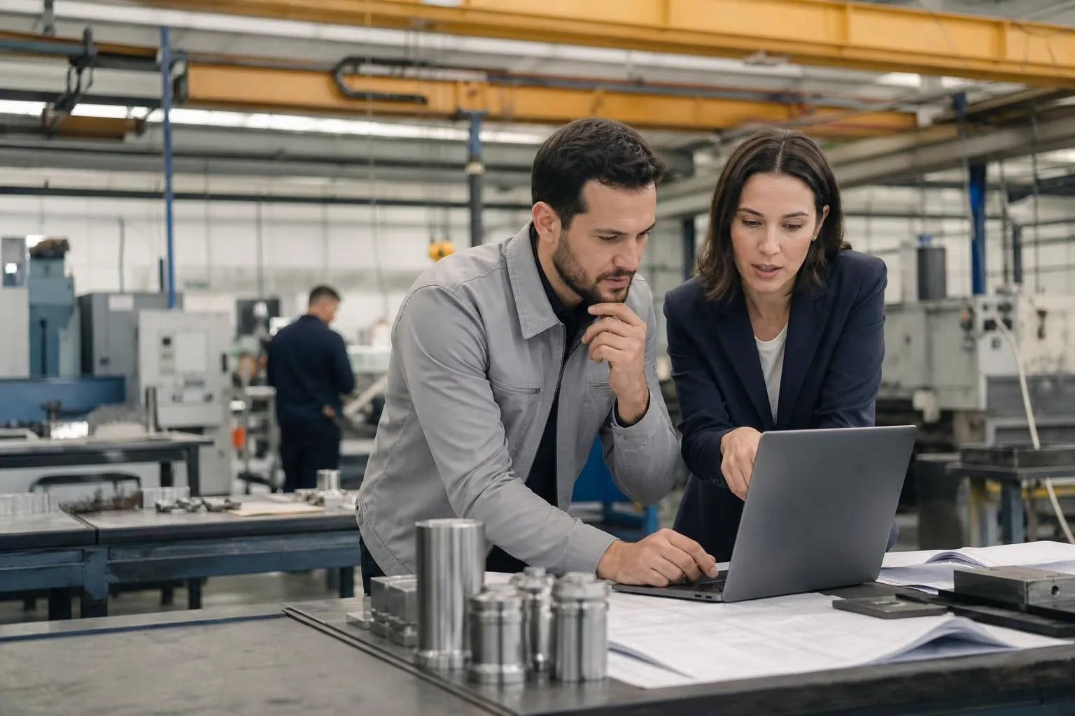 Manufacturing sales and proposal professionals reviewing technical bid documents and requirements while using AI-powered tools to analyze specifications, identify compliance requirements, and generate proposal content. Digital workflow elements, document processing visuals, and bid evaluation screens illustrate how AI helps teams handle more RFP opportunities, respond faster, and pursue bids that would previously have been declined due to limited capacity, time constraints, or resource availability. The image represents the use of AI to increase bid coverage, improve response efficiency, and support revenue growth in manufacturing organizations.