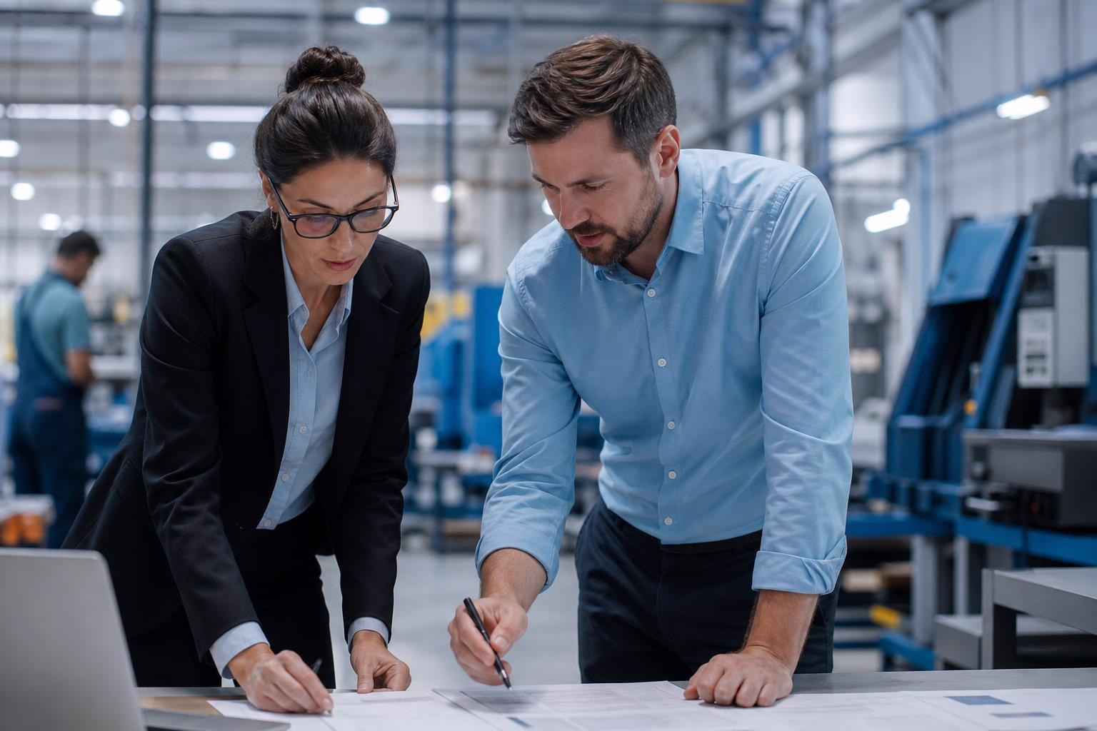 Cover image for a blog titled "AI for Manufacturing Sales Teams: The Complete Guide to RFP Response." A manufacturing sales professional reviews proposal and procurement documents while AI-powered systems analyze requirements, extract key information, and organize responses. Visual elements represent automation, document intelligence, compliance tracking, and knowledge management, highlighting how AI helps manufacturing teams accelerate RFP responses, improve accuracy, and increase proposal win rates.