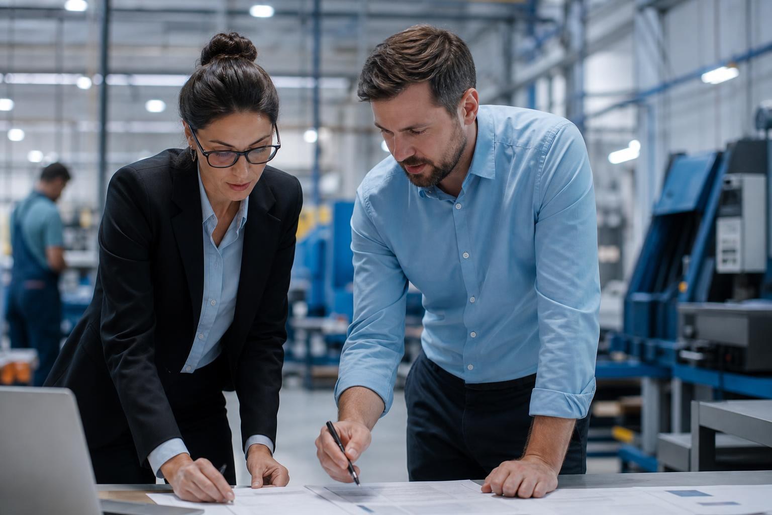Cover image for a blog titled "AI for Manufacturing Sales Teams: The Complete Guide to RFP Response." A manufacturing sales professional reviews proposal and procurement documents while AI-powered systems analyze requirements, extract key information, and organize responses. Visual elements represent automation, document intelligence, compliance tracking, and knowledge management, highlighting how AI helps manufacturing teams accelerate RFP responses, improve accuracy, and increase proposal win rates.