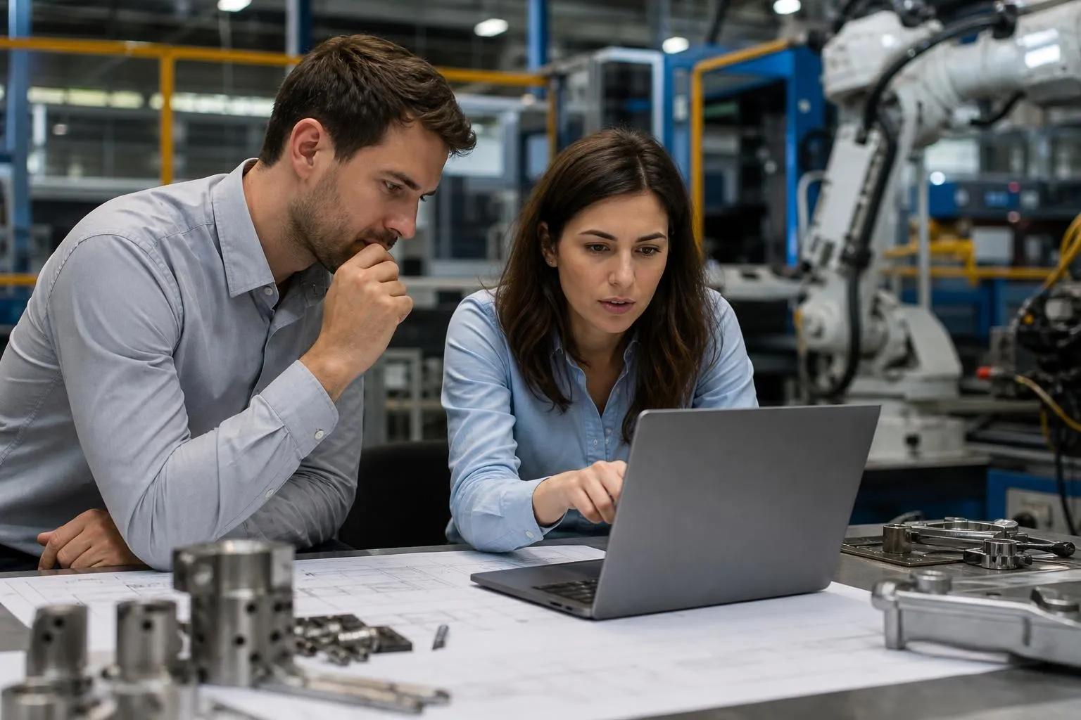 Professional illustration showing engineers and proposal specialists reviewing a complex manufacturing RFP document while an AI system analyzes requirements, specifications, and compliance criteria in the background. Visual elements include technical documents, requirement checklists, compliance matrices, and automated validation workflows, representing how AI identifies missing requirements, compliance gaps, and inconsistencies that human reviewers can overlook during manual RFP evaluation. The image highlights the role of AI in improving accuracy, reducing risk, and strengthening manufacturing proposal submissions.
